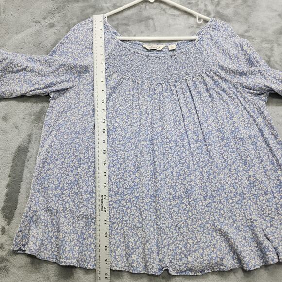 Caffe Marrakesh Top Womens L Blue Floral Shirred Ruffled Short Sleeve Rayon - Picture 9 of 10